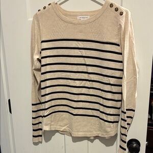 Liz Claiborne Cream and Black Striped Button-Shoulder Crewneck Sweater
